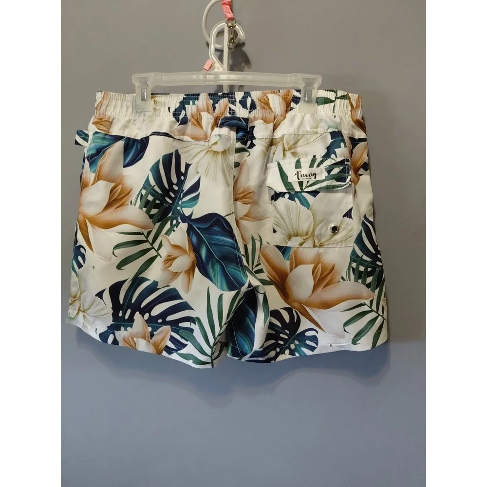 Swim Trunks Mens XL Tropical Surfer Shorts White Pockets Elastic/Drawstring
